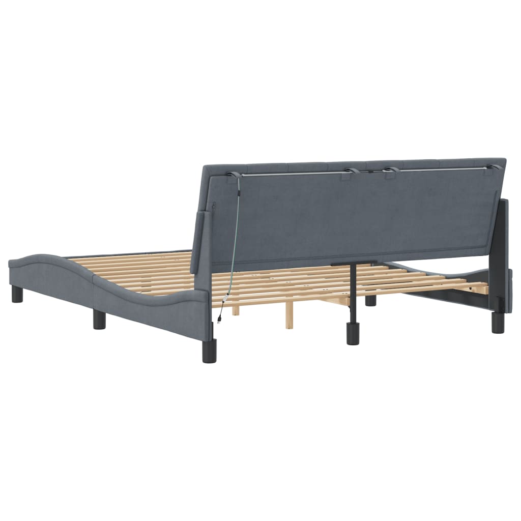 Bed Frame with LED without Mattress "Hanko" Dark Grey 152x203 cm Queen Velvet