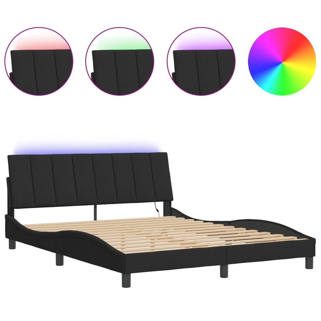 Bed Frame with LED without Mattress "Hanko" Black 152x203 cm Queen Velvet