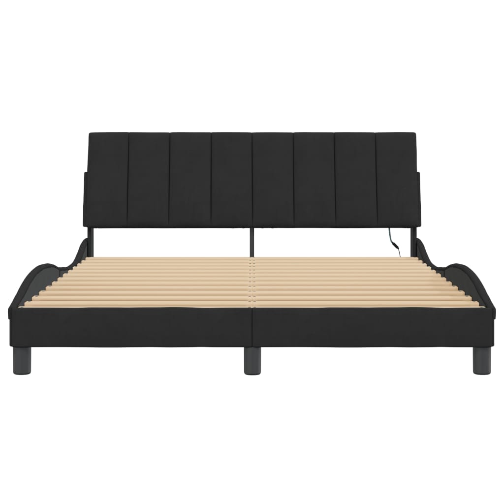 Bed Frame with LED without Mattress "Hanko" Black 152x203 cm Queen Velvet
