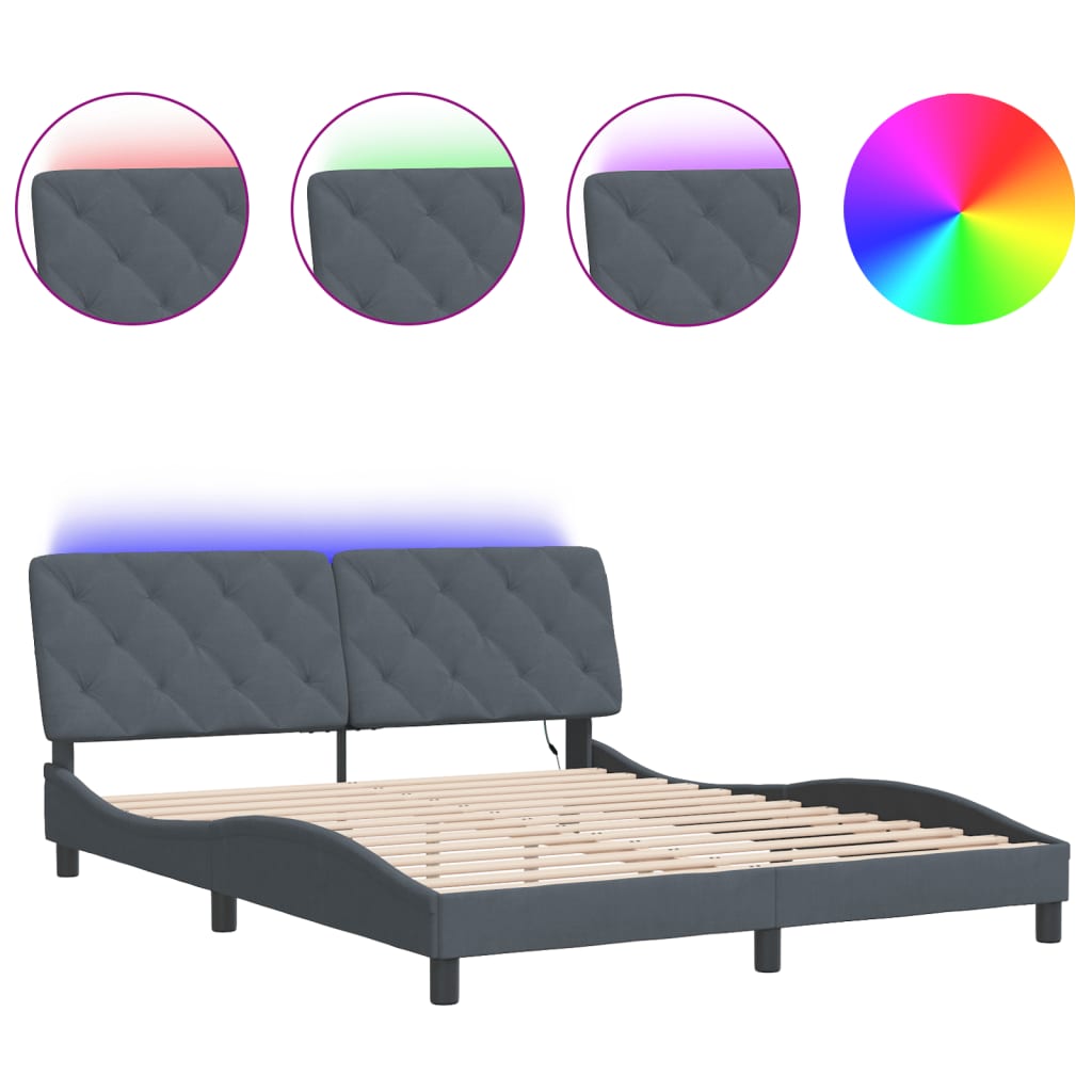 Bed Frame with LED without Mattress Dark Grey 152x203 cm Queen Velvet