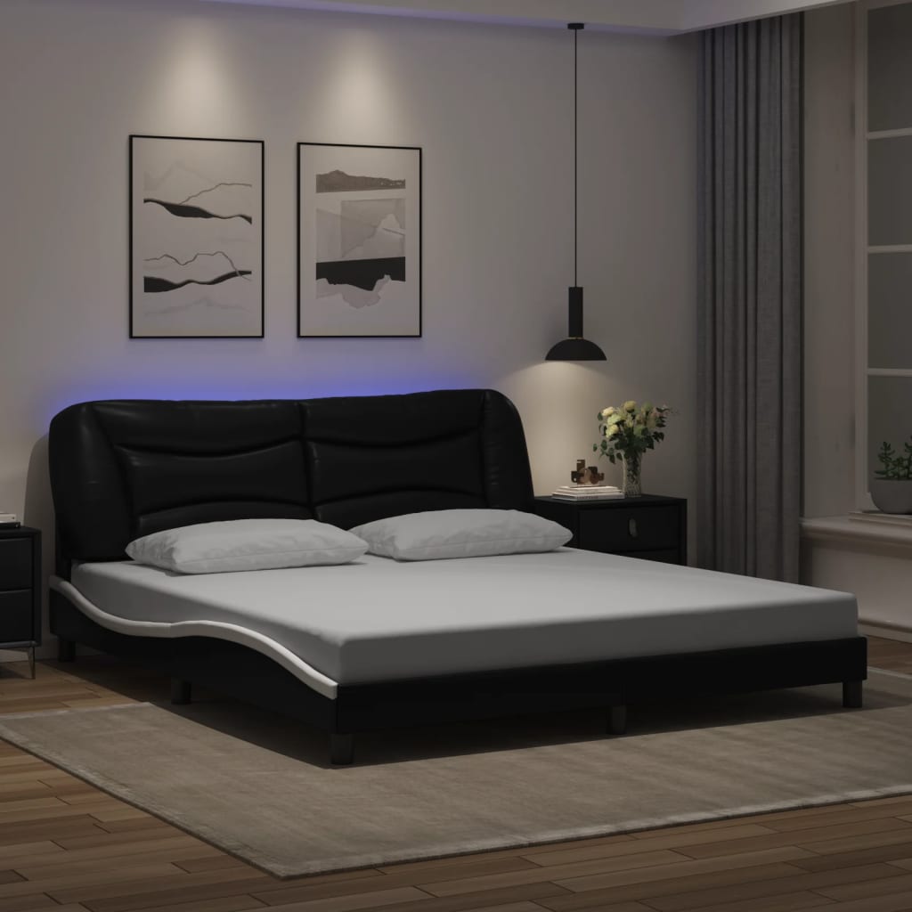 Bed Frame with LED without Mattress "Hvar" Black and White 180x200 cm