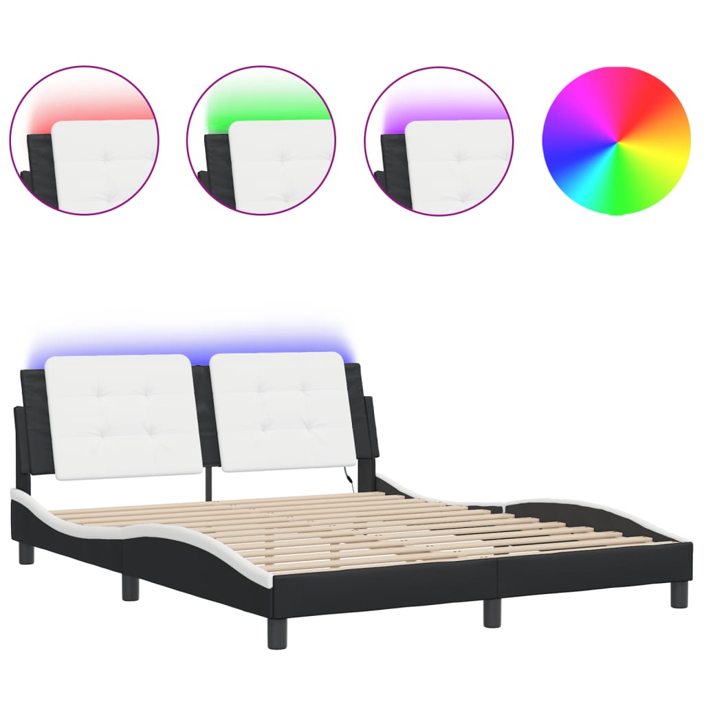 Bed Frame with LED without Mattress "Zadar" Black and White 152x203 cm