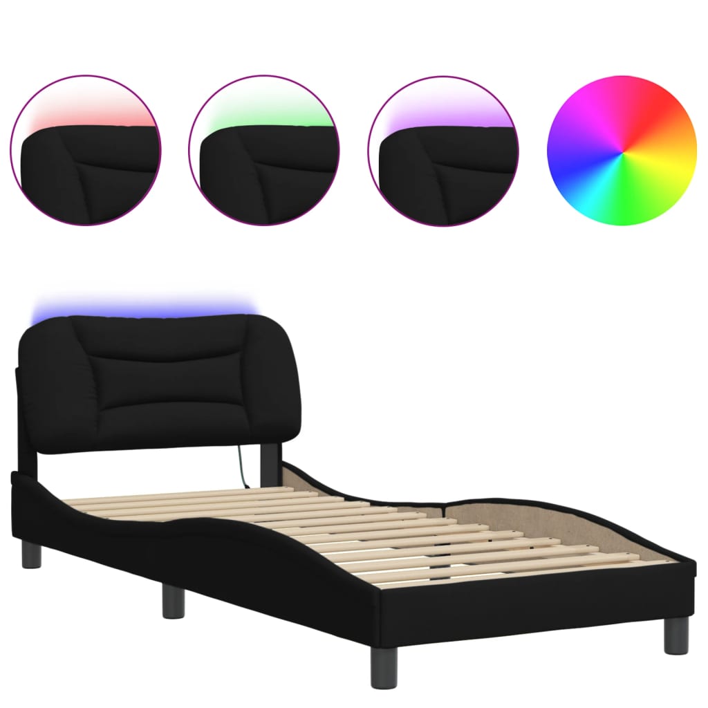 Bed Frame with LED without Mattress "Hvar" Black 90x190 cm Fabric