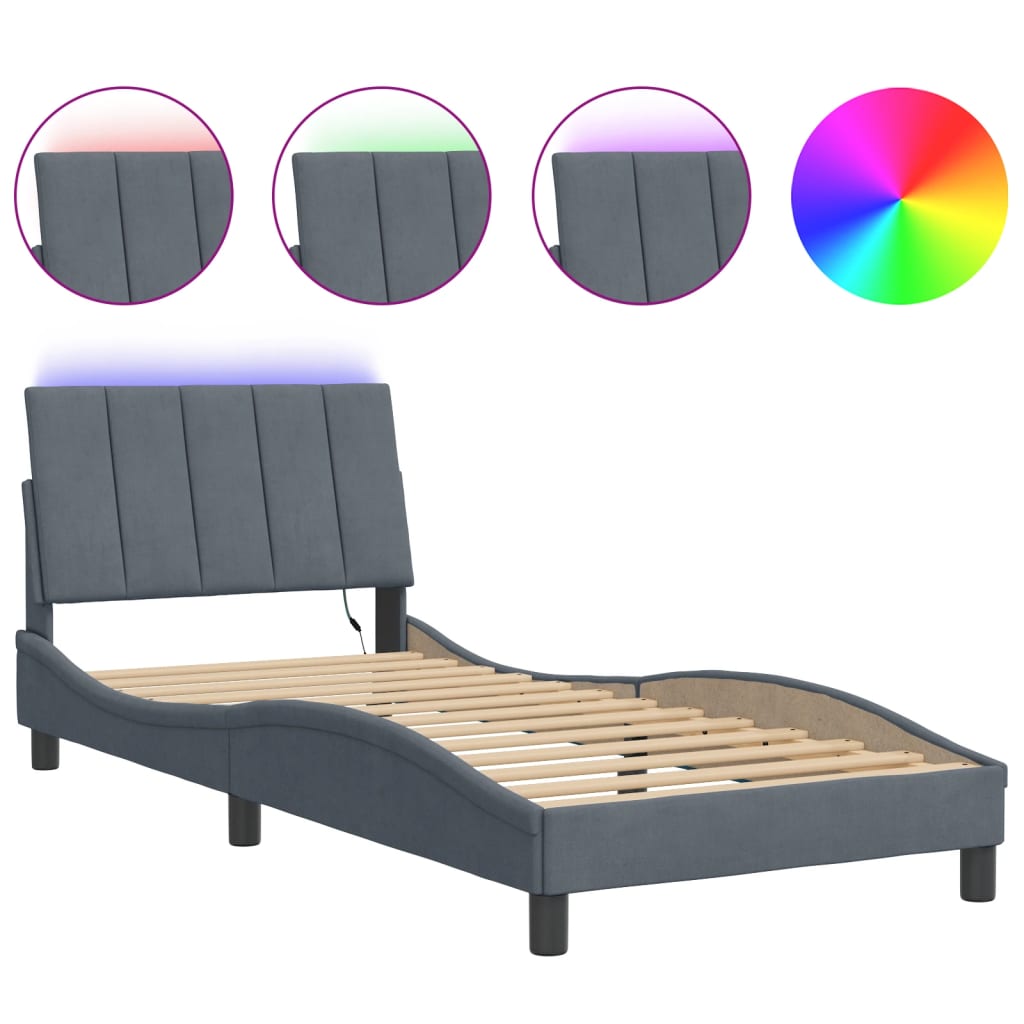 Bed Frame with LED without Mattress &quot;Hanko&quot; Dark Grey 90x190 cm Velvet