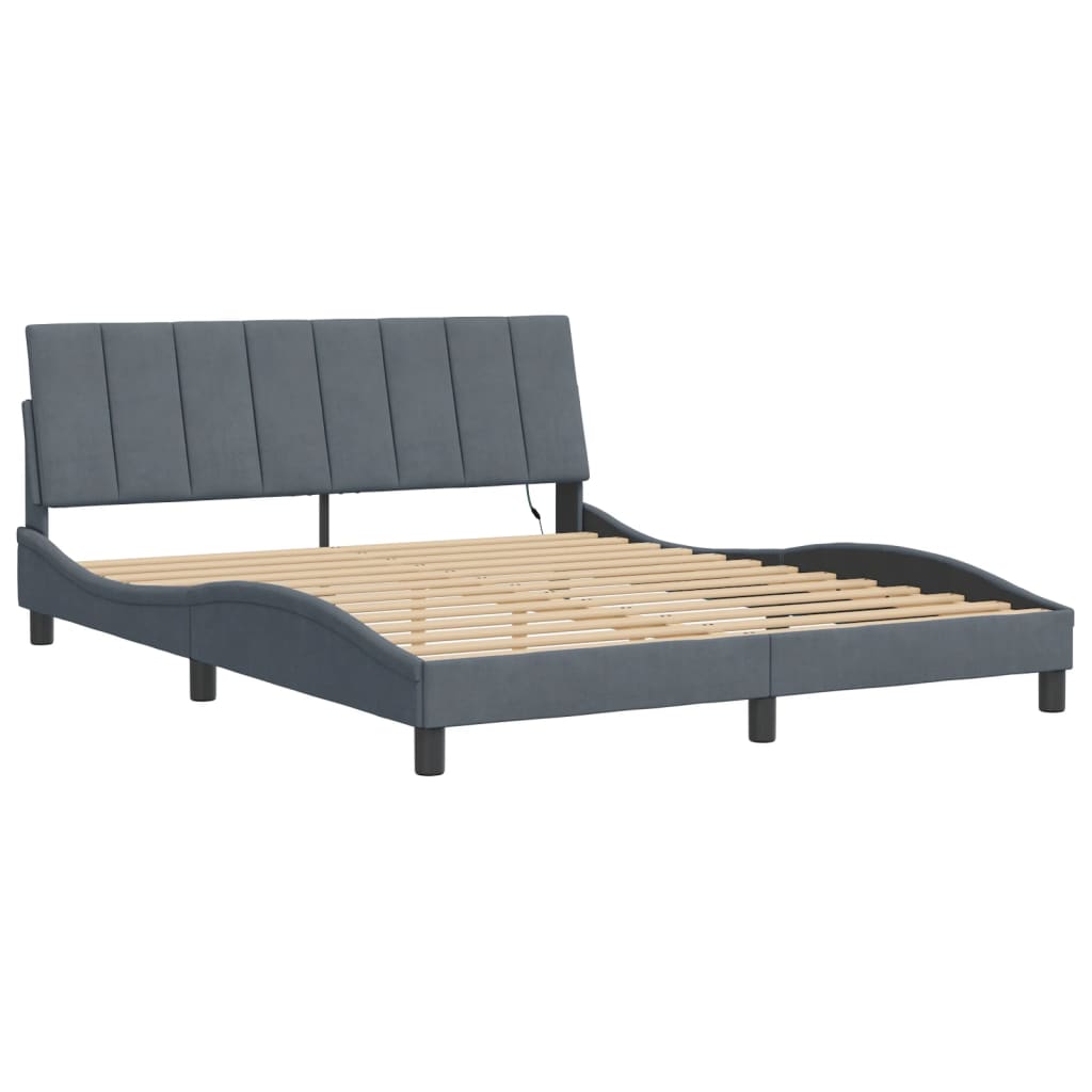 Bed Frame with LED without Mattress "Hanko" Dark Grey 152x203 cm Queen Velvet