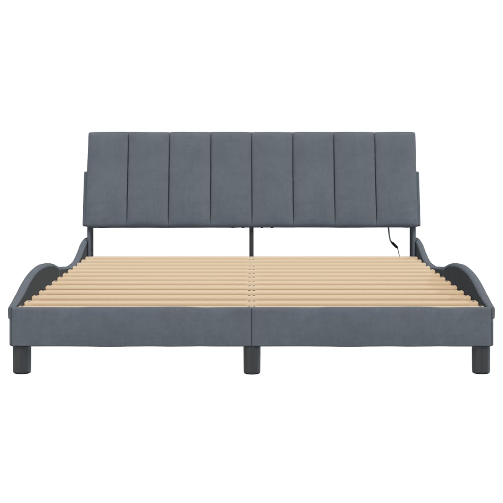 Bed Frame with LED without Mattress "Hanko" Dark Grey 152x203 cm Queen Velvet