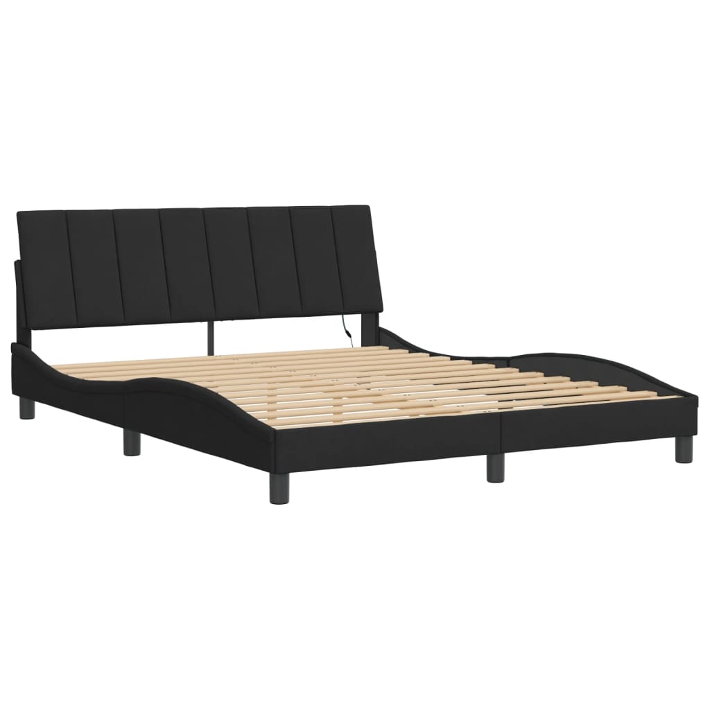 Bed Frame with LED without Mattress "Hanko" Black 152x203 cm Queen Velvet