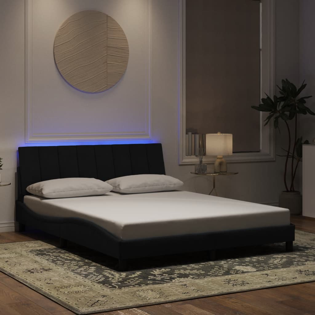 Bed Frame with LED without Mattress "Hanko" Black 152x203 cm Queen Velvet