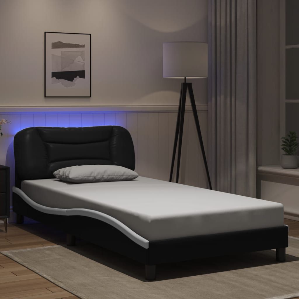 Bed Frame with LED without Mattress "Hvar" Black and White 107x203 cm