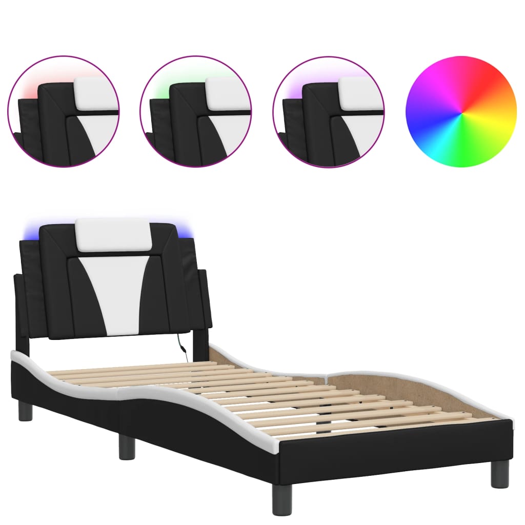 Bed Frame "Viana" with LED without Mattress Black and White 90x190 cm