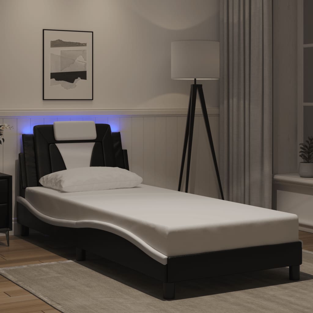 Bed Frame &quot;Viana&quot; with LED without Mattress Black and White 90x190 cm