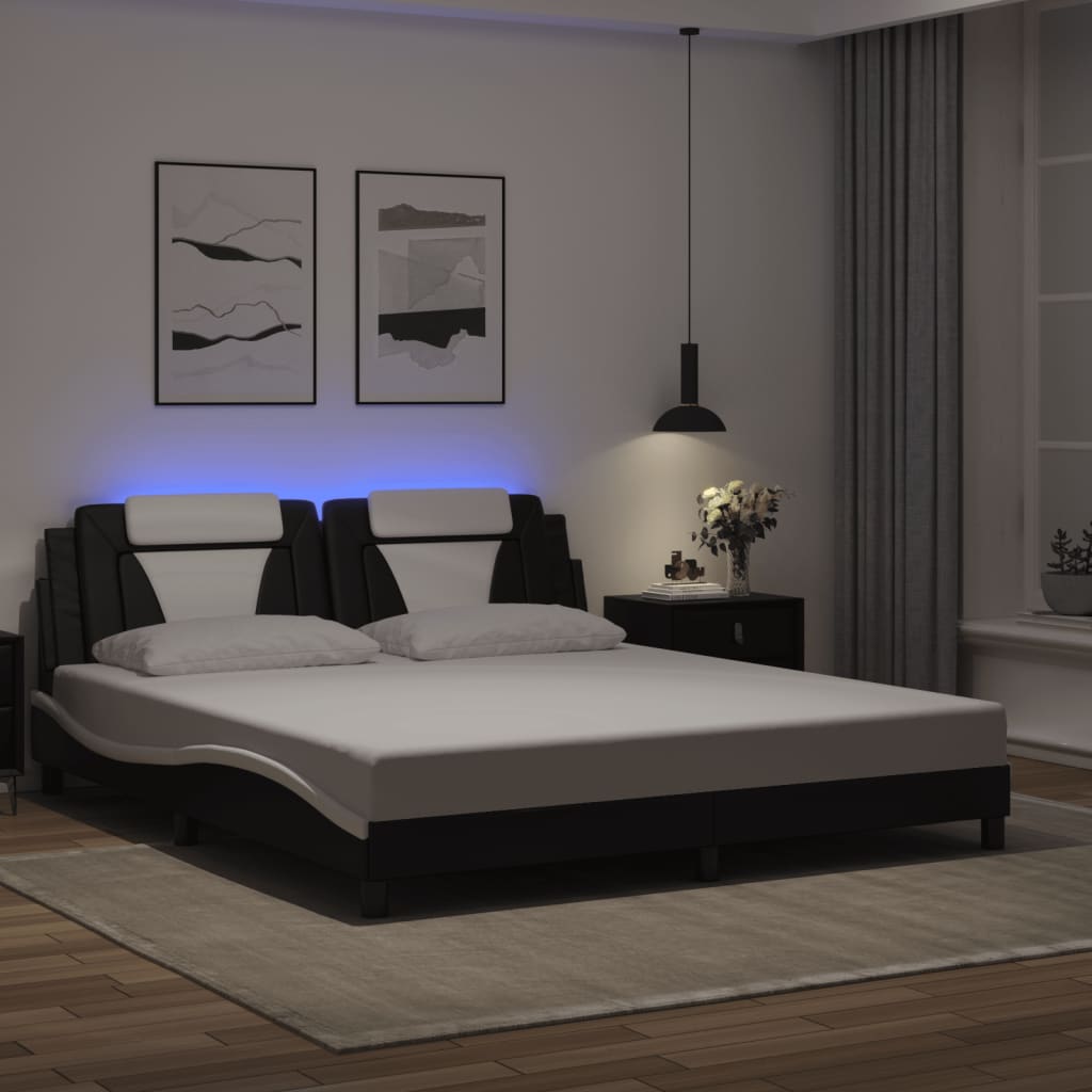 Bed Frame &quot;Viana&quot; with LED without Mattress Black and White 180x200 cm