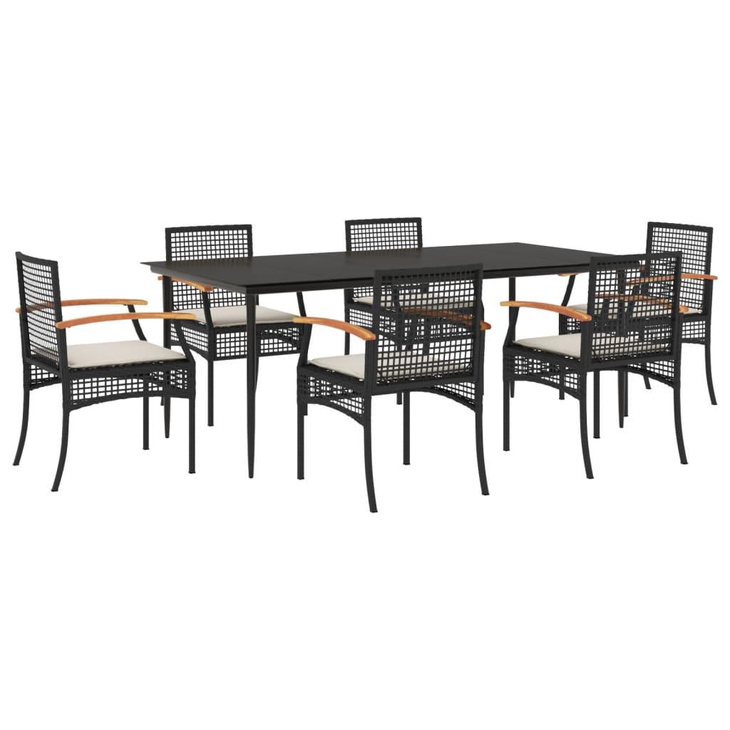 7 Piece Garden Dining Set with Cushions Black Poly Rattan