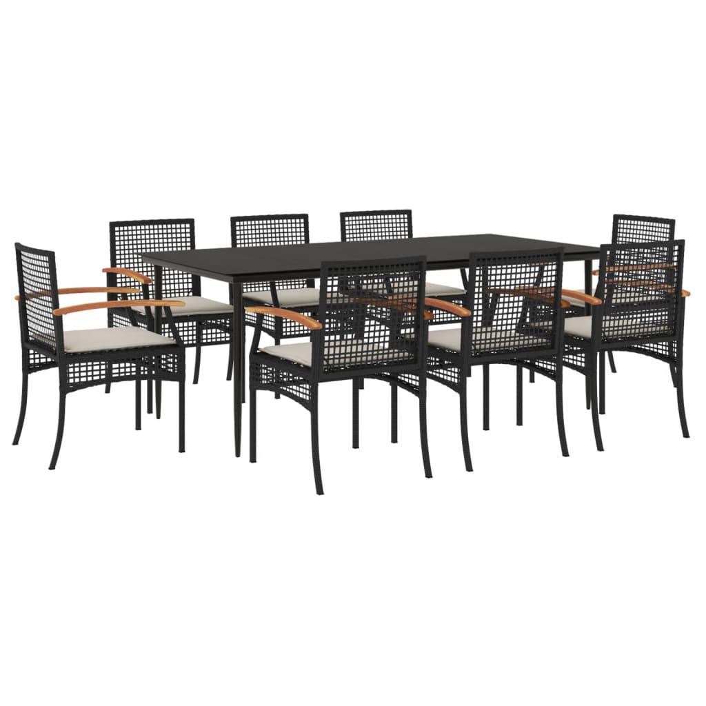 9 Piece Garden Dining Set with Cushions Black Poly Rattan
