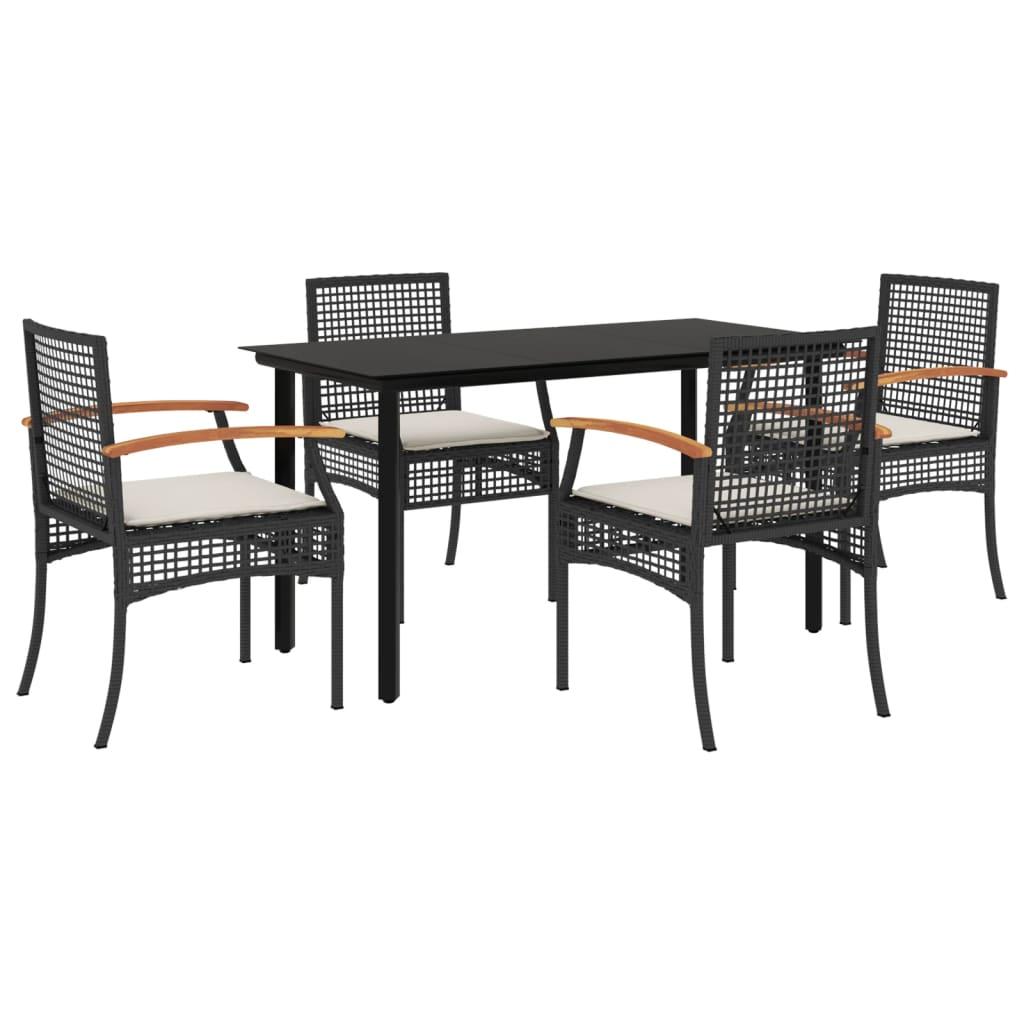 5 Piece Garden Dining Set with Cushions Black Poly Rattan