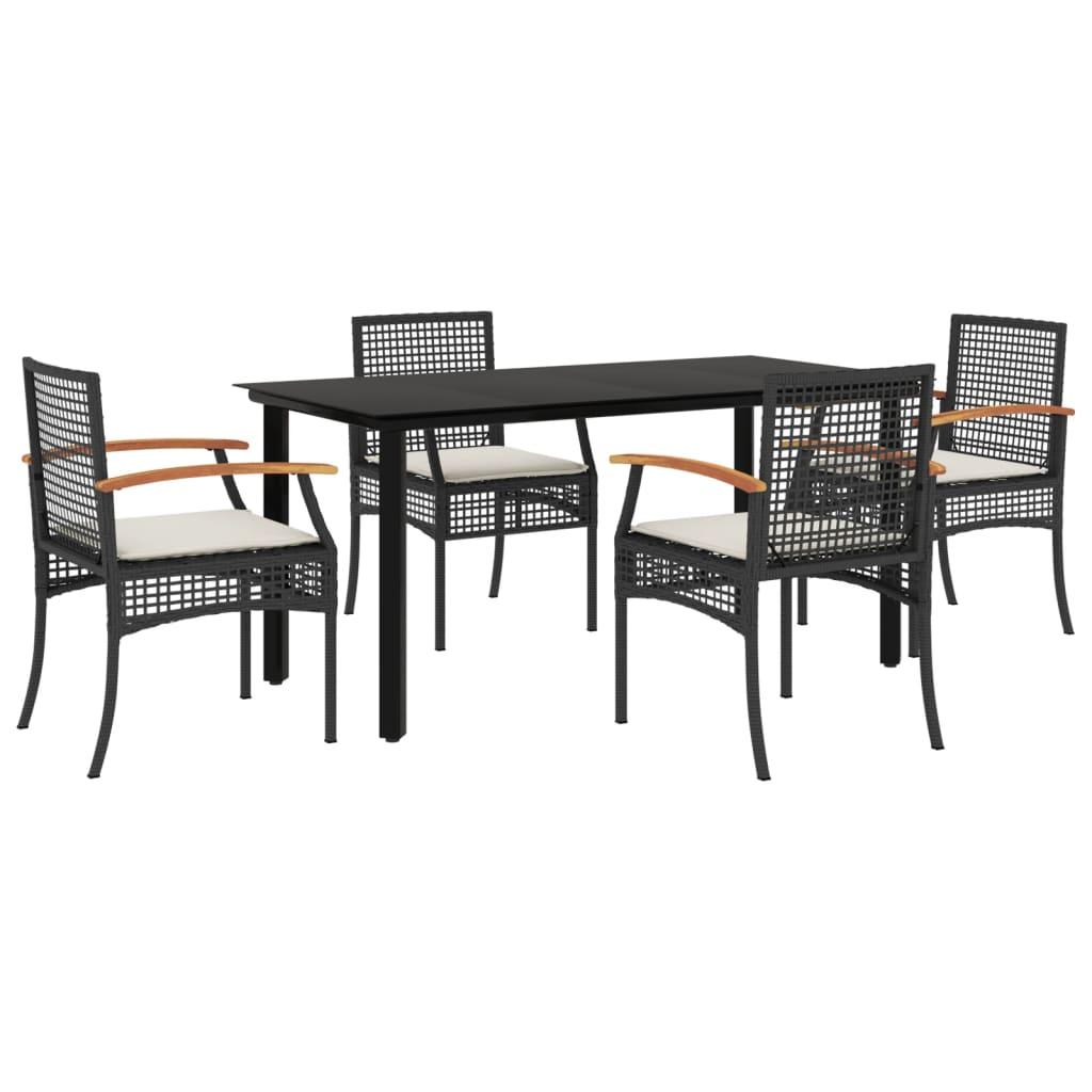 5 Piece Garden Dining Set with Cushions Black Poly Rattan