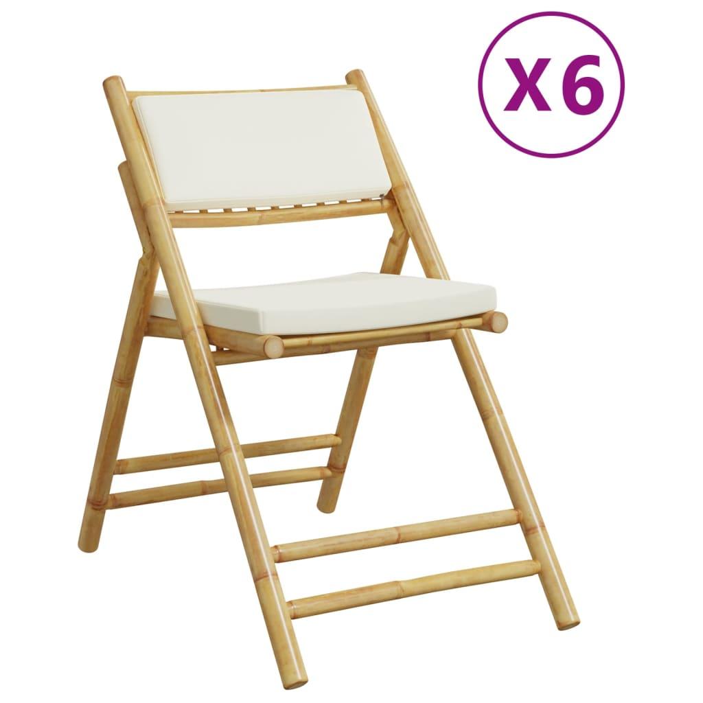 6 Piece Folding Bistro Chairs with Cream White Cushions Bamboo