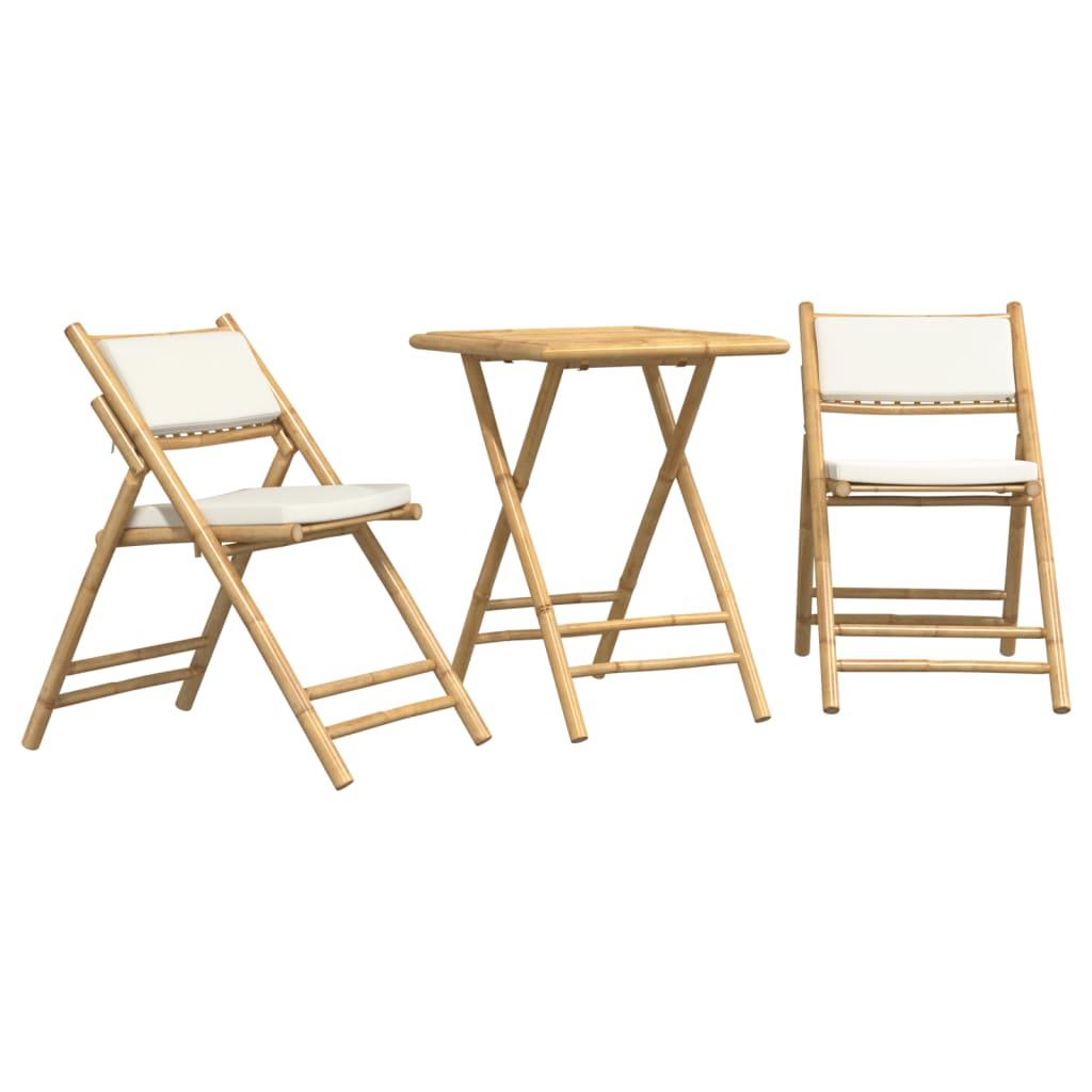 3 Piece Folding Bistro Set with Cream White Cushions Bamboo