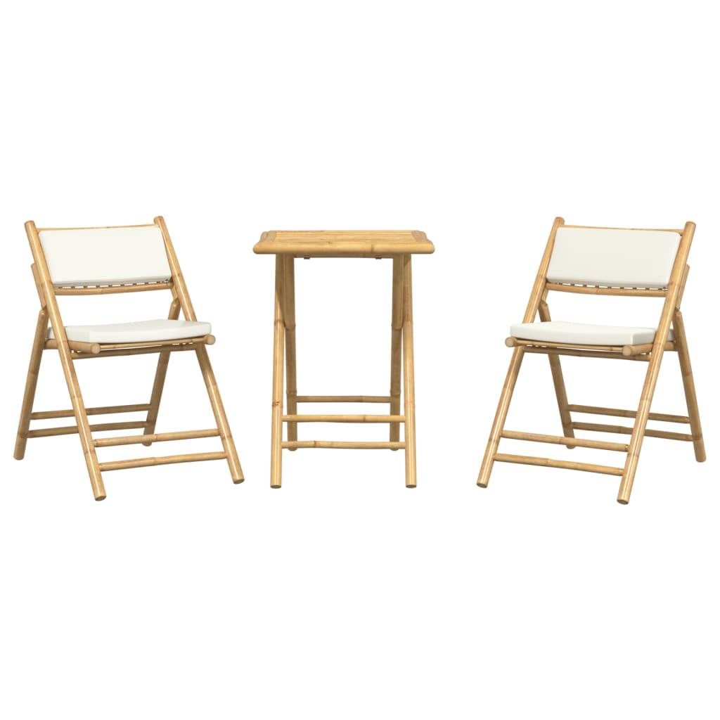 3 Piece Folding Bistro Set with Cream White Cushions Bamboo