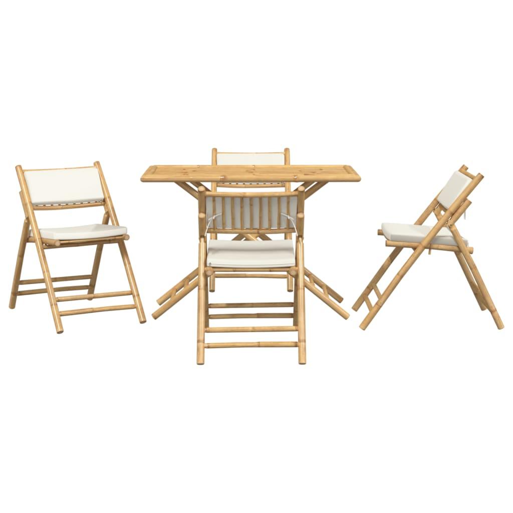 5 Piece Folding Bistro Set with Cream White Cushions Bamboo