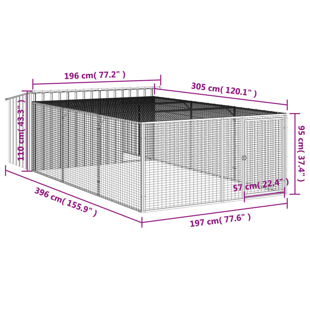 Dog House with Run Anthracite 197x396x110 cm Galvanised Steel