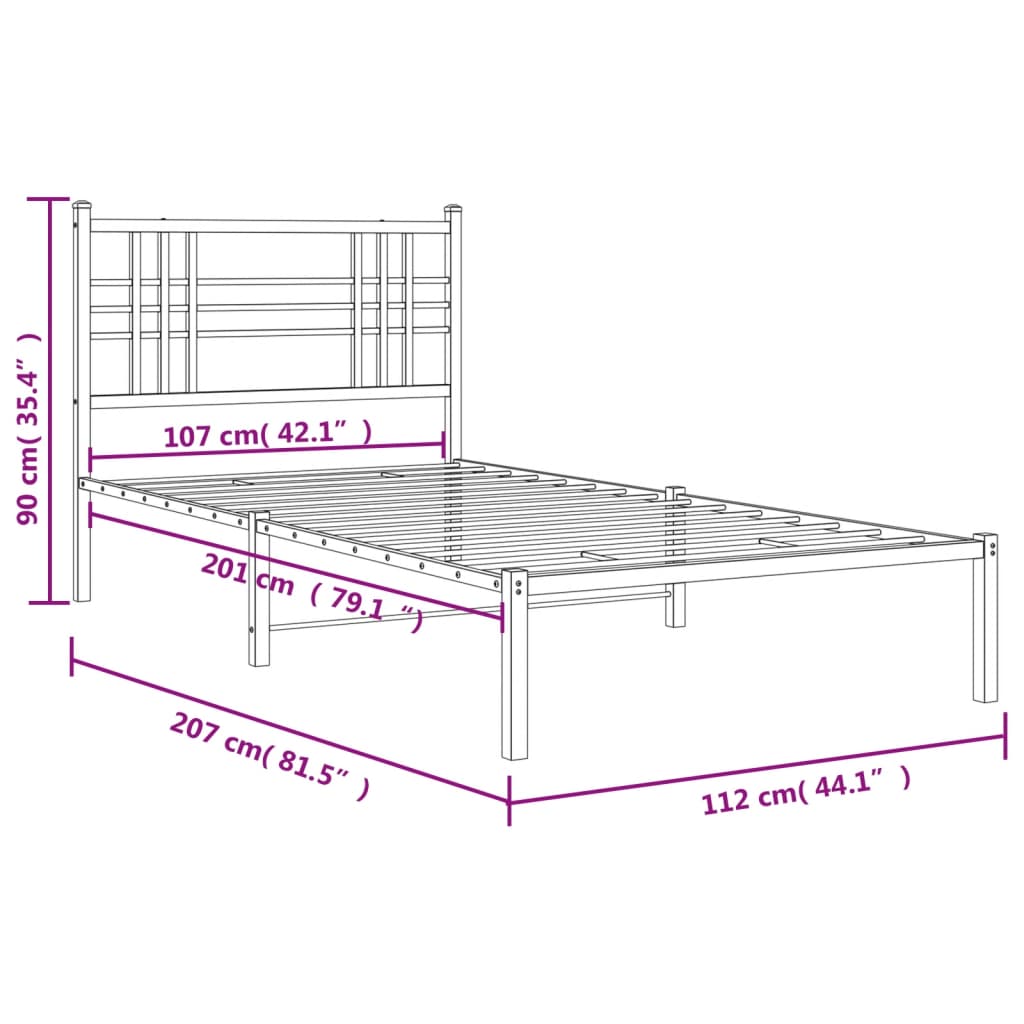 Metal Bed Frame without Mattress with Headboard Black 107x203 cm King Single