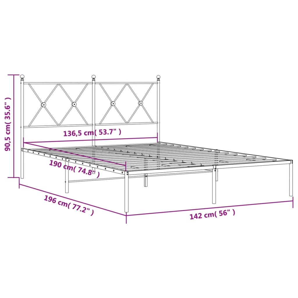 Metal Bed Frame without Mattress with Headboard Black 135x190 cm