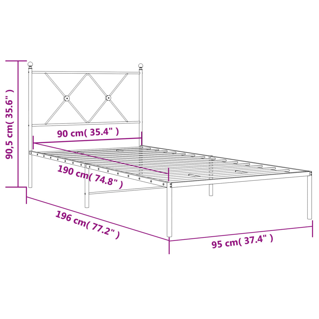 Metal Bed Frame without Mattress with Headboard White 90x190 cm