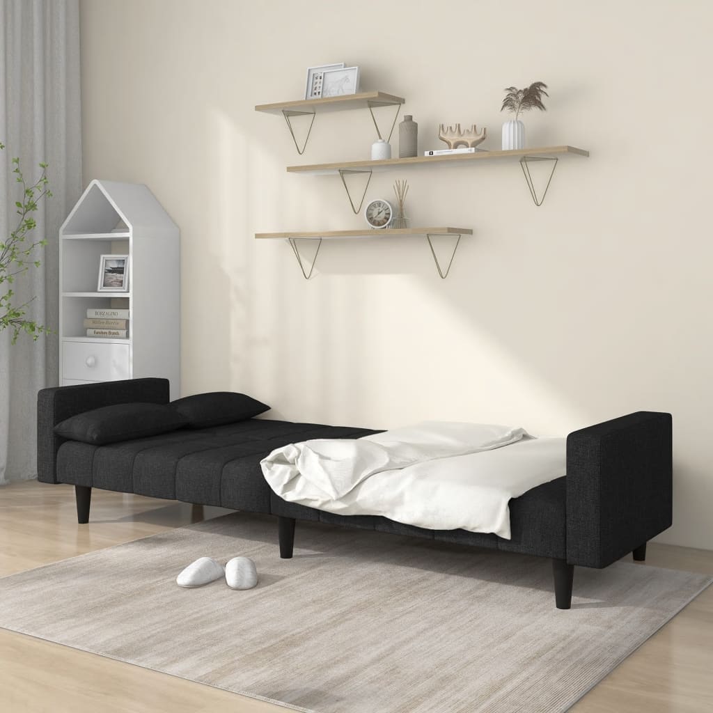 2-Seater Sofa Bed with Two Pillows Black Fabric