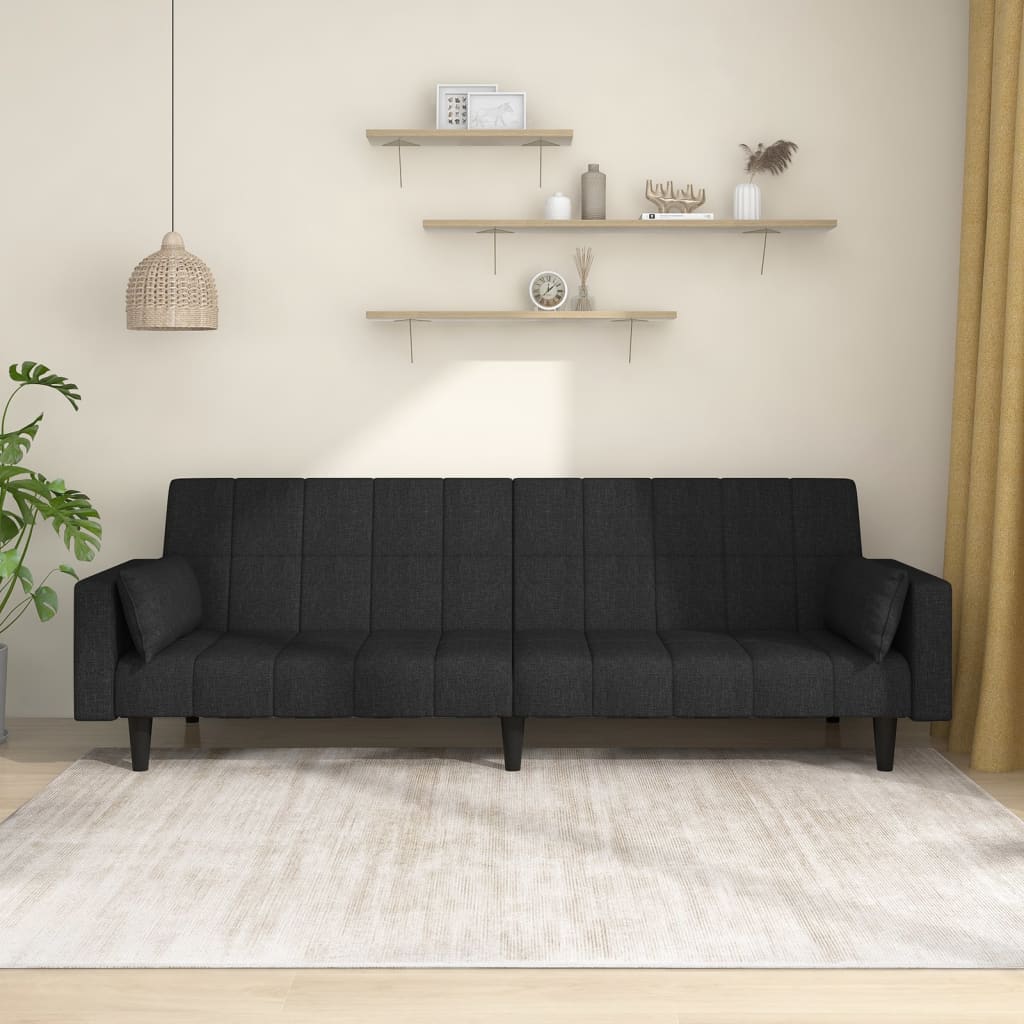 2-Seater Sofa Bed with Two Pillows Black Fabric