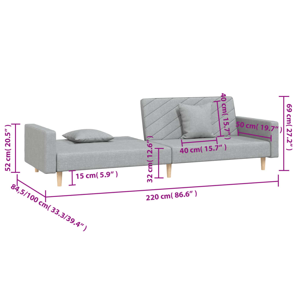 2-Seater Sofa Bed with Two Pillows Light Grey Fabric