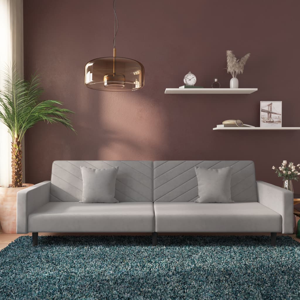 2-Seater Sofa Bed with Two Pillows Light Grey Velvet