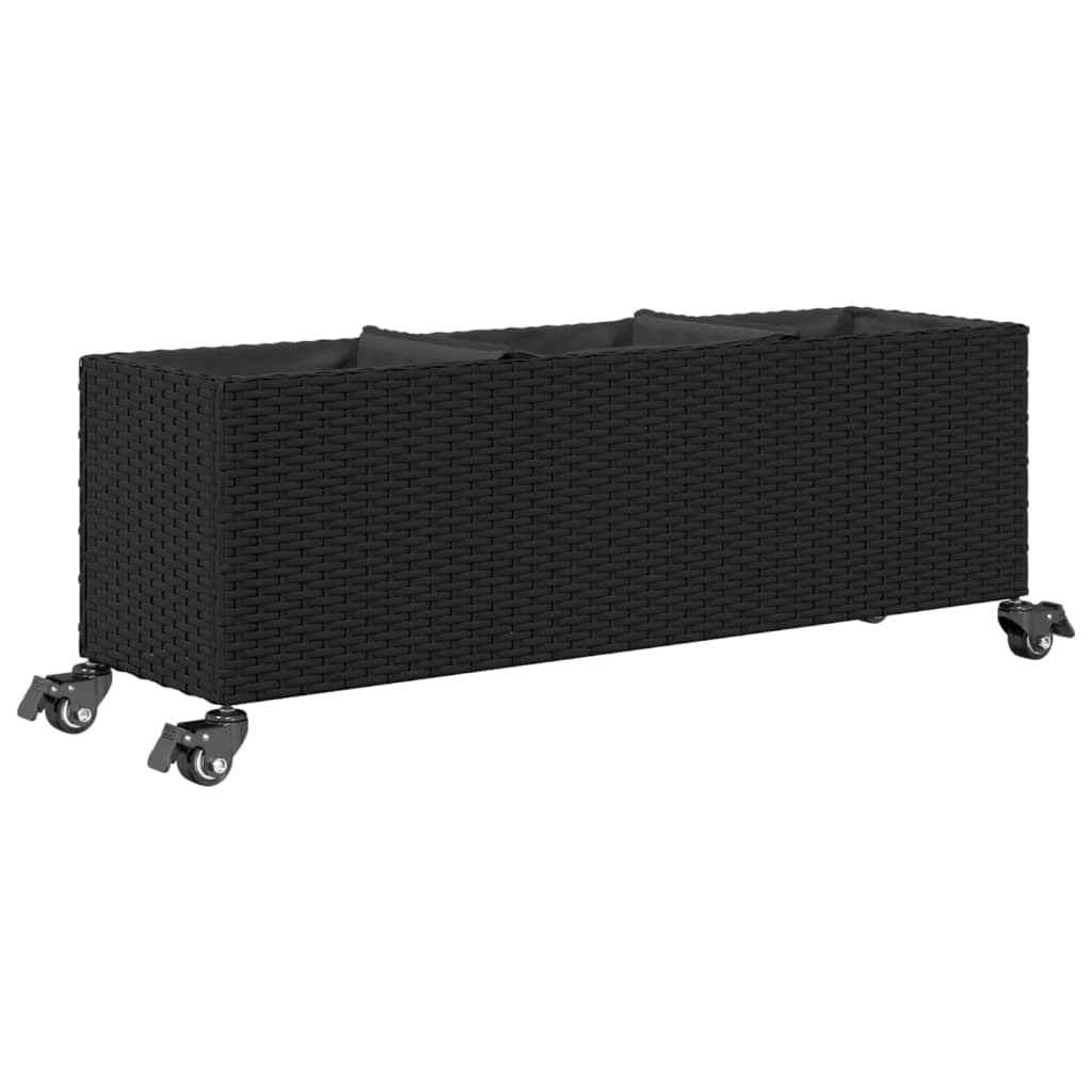 Garden Planter with Wheels and 3 Pots Black 107x32x38 cm Poly Rattan