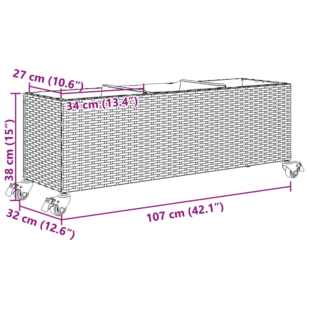 Garden Planter with Wheels and 3 Pots Grey 107x32x38 cm Poly Rattan