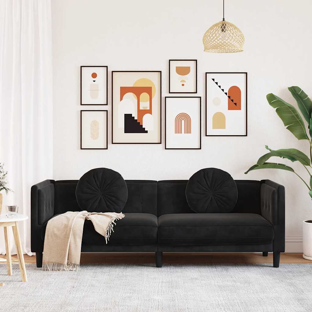 Sofa with Cushions 3-Seater Black Velvet