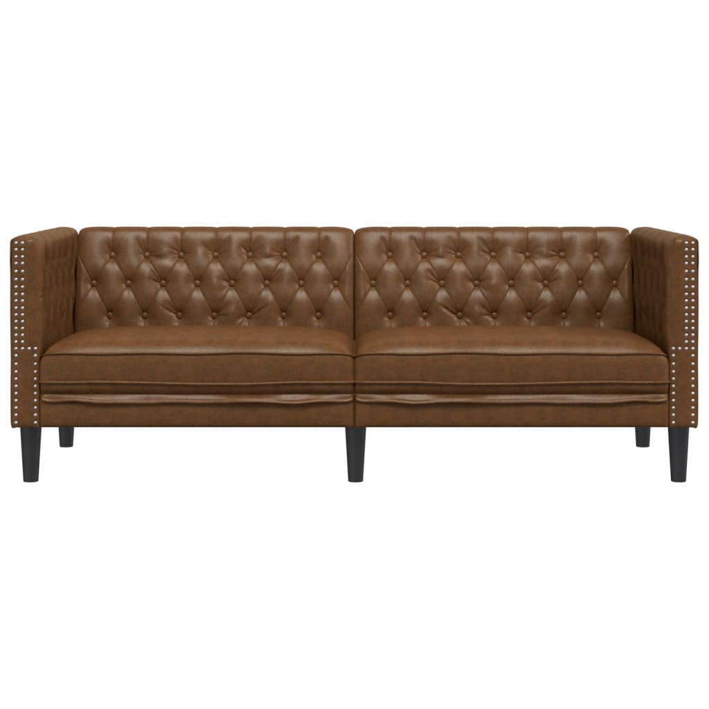 Chesterfield Sofa 3-Seater Brown Faux Suede Leather
