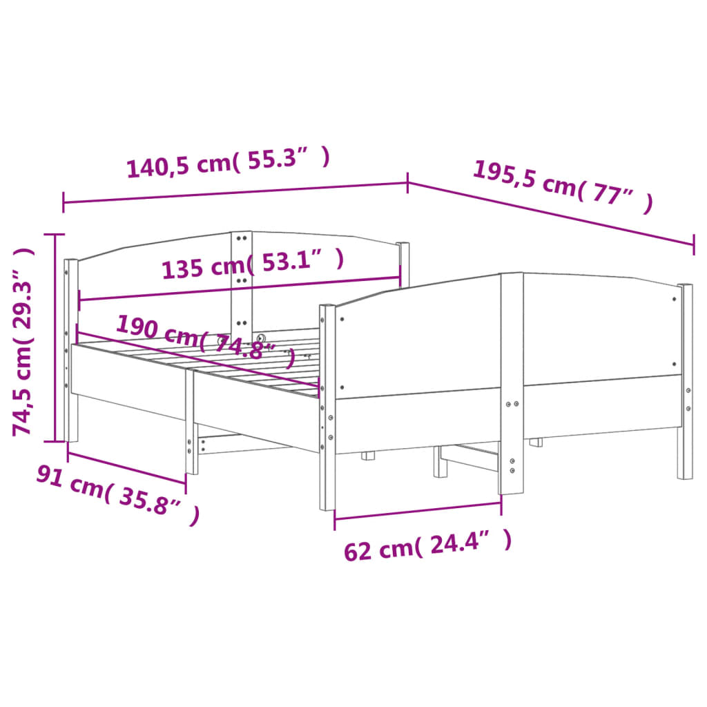 Bed Frame with Headboard 135x190 cm Solid Wood Pine