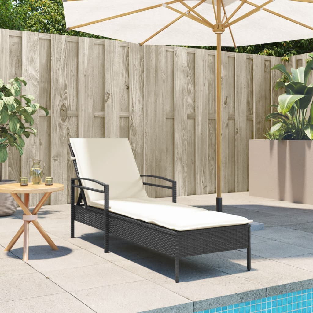 Sun Lounger with Cushion Black 63x200x81 cm Poly Rattan