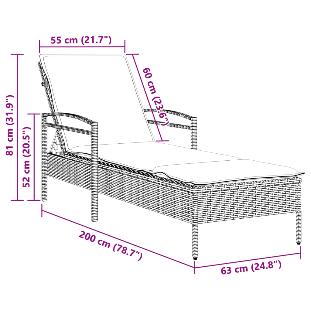 Sun Lounger with Cushion Grey 63x200x81 cm Poly Rattan