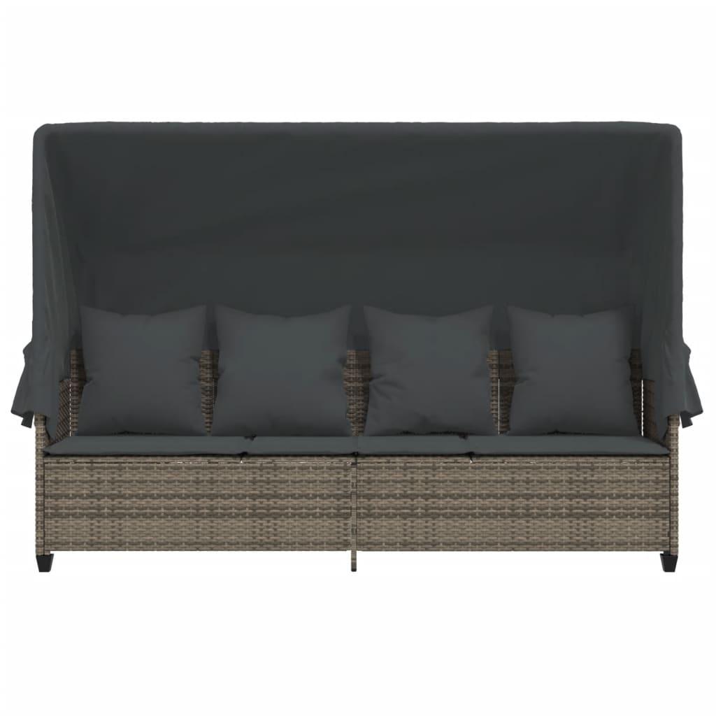 Sun Lounger with Canopy and Cushions Grey Poly Rattan