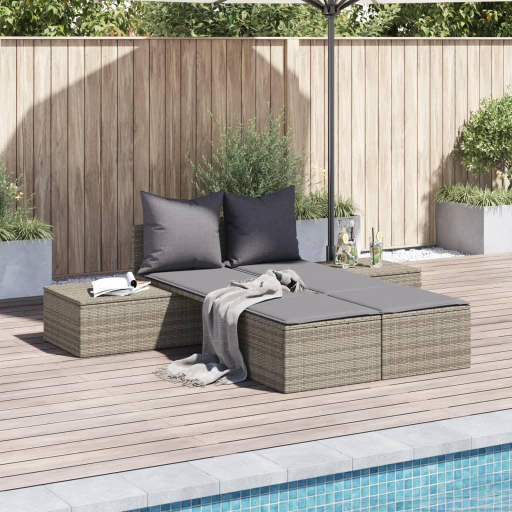 Double Sun Lounger with Cushions Grey Poly Rattan