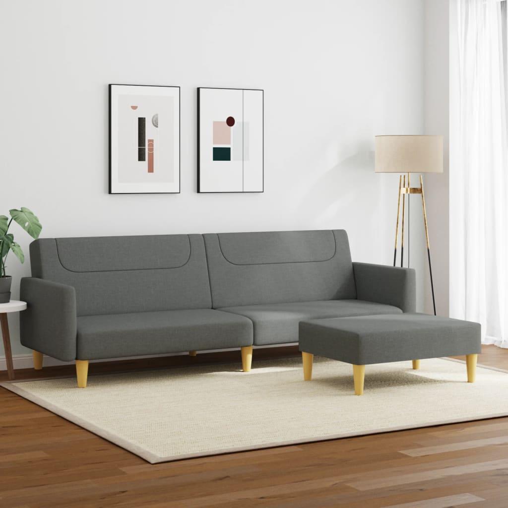2-Seater Sofa Bed with Footstool Dark Grey Fabric