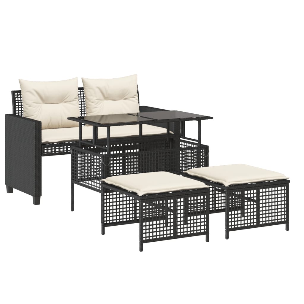 4 Piece Garden Sofa Set with Cushions Black Poly Rattan Glass