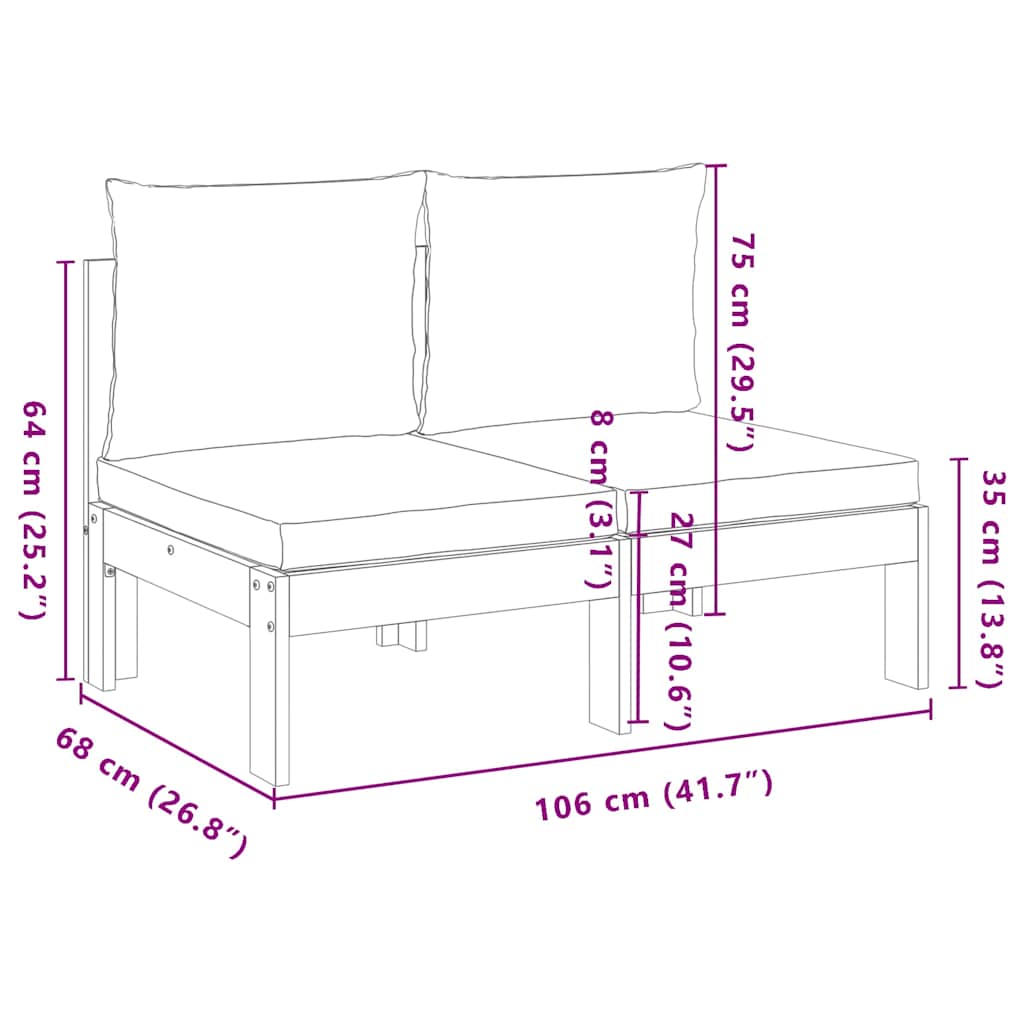 Garden Sofa Armless with Cushions 2-Seater Solid Wood Acacia