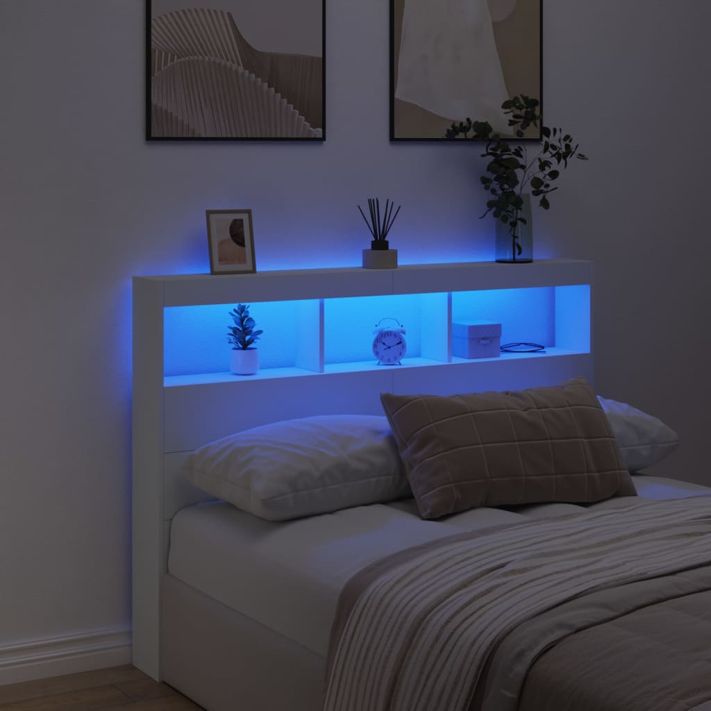 Headboard Cabinet with LED White 140 cm