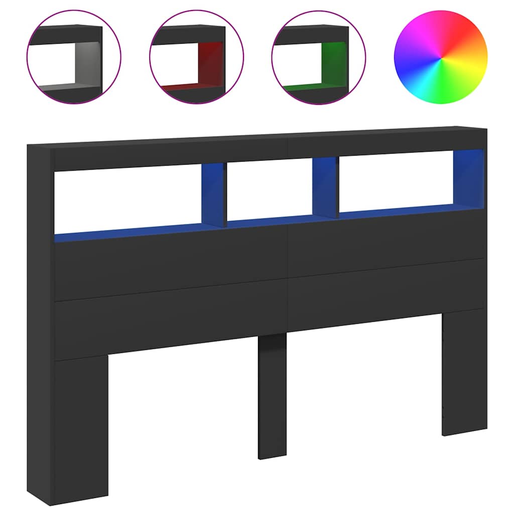 Headboard Cabinet with LED Black 160 cm