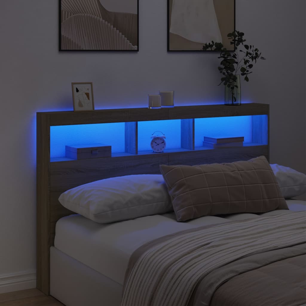 Headboard Cabinet with LED Sonoma Oak 160x17x102 cm