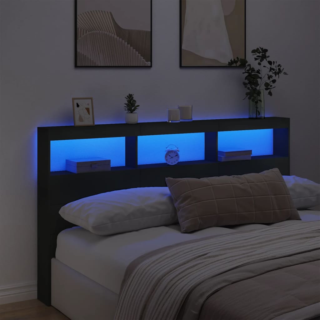 Headboard Cabinet with LED Black 180x17x102 cm