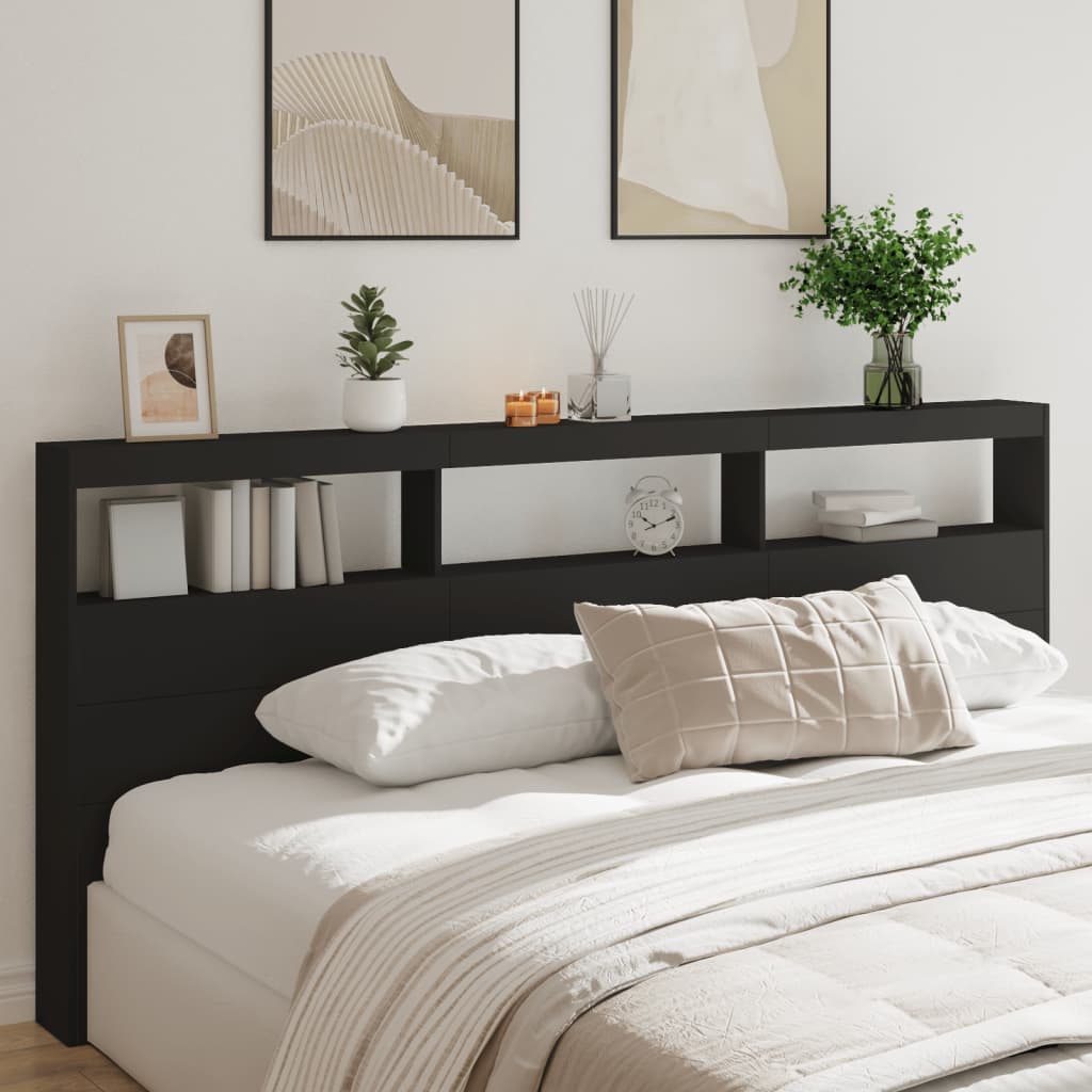 Headboard Cabinet with LED Black 220 cm