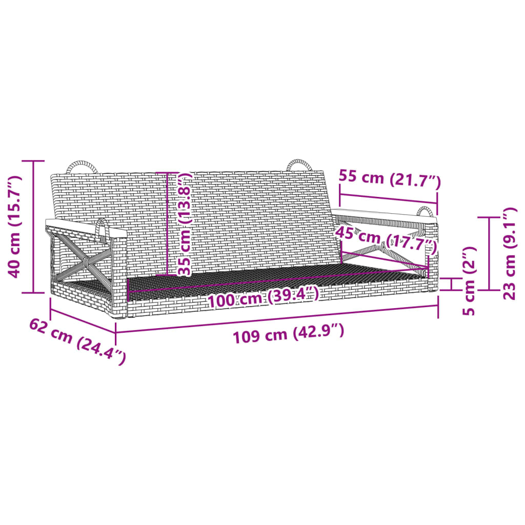 Swing Bench Grey 109x62x40 cm Poly Rattan